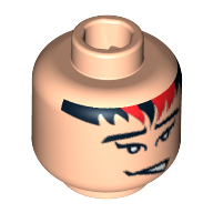 Tête de minifigurine taejo togokahn, franges noires et rouges, sourcils, bouche ouverte sur le côté motif imprimé [tenon creux bouché] (Minifig Head Taejo Togokahn, Black and Red Bangs, Eyebrows, Mouth Open to Side Print [Blocked Open Stud])