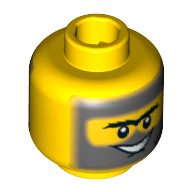 Tête de minifigurine duc, avant connecté avec barbe gris bleuâtre foncé, favoris, cheveux et cicatrice noire, sourire / dents serrées motif imprimé (Minifig Head Duke, Connected Brow with Dark Bluish Gray Beard, Sideburns, Hair and Black Scar, Grin / Clenched Teeth Print)