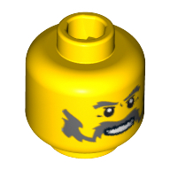 Tête de minifigurine, moustache guidon et favoris gris bleuté foncé, yeux blancs pupilles, dents motif imprimé (Minifig Head, Moustache Handlebar and Sideburns Dark Bluish Gray, White Pupils, Teeth Print)