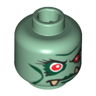 Tête de minifigurine troll reine, yeux rouges, lèvres vert foncé et crocs inférieurs motif imprimé [tenon creux bouché] (Minifig Head Troll Queen, Red Eyes, Dark Green Lips and Lower Fangs Print [Blocked Open Stud])