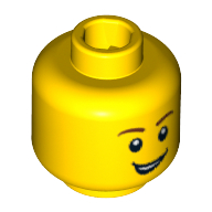 Tête de minifigurine de chevalier, sourcils bruns, sourire ouvert, yeux blancs pupilles motif imprimé (Minifig Head Knight, Brown Eyebrows, Open Lopsided Grin, White Pupils Print)
