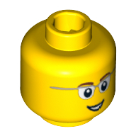Tête de minifigurine, lunettes avec des côtés de cadre gris, sourcils bruns et motif imprimé sourire ouvert (Minifig Head, Glasses with Gray Frame Sides, Brown Eyebrows and Open Smile Print)