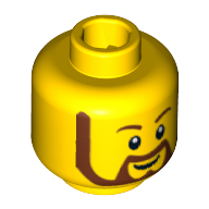 Tête de minifigurine, barbe brune arrondie, pupilles de l'œil blanc, motif imprimé de sourire (Minifig Head, Beard Brown Rounded, White Pupils, Grin Print)