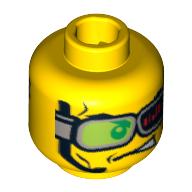 Tête de minifigurine casse-cou, double face, casque et lunettes vertes avec barres rouges, lunettes vers le bas / lunettes et bouche ouverte motif imprimé [verre ouvert bloqué] (Minifig Head Daredevil, Dual Sided, Headset and Green Glasses with Red Bars, Glasses Down / Glasses Up and Mouth Open Print [Blocked Open Stud])