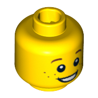 Tête de minifigurine, Sourcils et rousseurs bruns, ouvert Sourire, motif imprimé pupilles blanches (Minifig Head, Brown Eyebrows and Freckles, Open Smile, White Pupils Print)