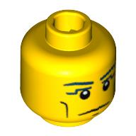 Tête de minifigurine Pharaon, lignes de joue verticales, froncement de sourcils, motif : fossette au menton et pupilles blanches (Minifig Head Pharaoh, Vertical Cheek Lines, Slight Frown, Chin Dimple and White Pupils Print)