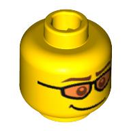 Minifigurine skieur de tête, lunettes de soleil orange, sourcils bruns et sourire tordu motif imprimé [tenon creux bouché] (Minifig Head Skier, Orange Sunglasses, Brown Eyebrows and Crooked Smile Print [Blocked Open Stud])