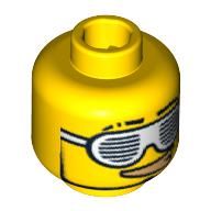 Tête de minifigurine rappeur, fentes lunettes de soleil blanches et sourire avec des dents d'or motif imprimé (Minifig Head Rapper, Slotted White Sunglasses and Smirk with Gold Teeth Print)