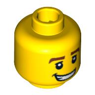 Tête de minifigurine pilote de voiture de course, sourcils épais bruns, motif : pupilles blanches et grand sourire avec dents (Minifig Head Race Car Driver, Thick Brown Eyebrows, White Pupils and Grin with Teeth Print)