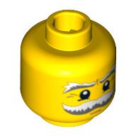 Tête de minifigurine Pilote, moustache et sourcils blanc et gris touffu, yeux blancs pupilles et pattes d'oie motif imprimé (Minifig Head Pilot, Moustache and Eyebrows White and Gray Bushy, White Pupils and Crow's Feet Print)