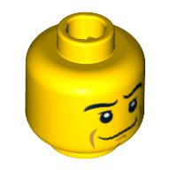 Tête de minifigurine, sourire tordu, sourcils, pupilles blanches, motif imprimé de fossette de menton [tenon creux bouché] (Minifig Head, Crooked Smile, Eyebrows, White Pupils, Chin Dimple Print [Blocked Open Stud])