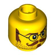 Tête de minifigurine archibald hale, lunettes avec favoris bruns, motif : moustache et pupilles blanches [tenon creux bouché] (Minifig Head Archibald Hale, Glasses with Brown Sideburns, Moustache and White Pupils Print [Blocked Open Stud])