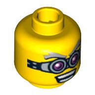 Tête de minifigurine folle scientifique, lunettes de protection roses et argentées, sourcils gris, motif : bouche ouverte avec dents [tenon creux bouché] (Minifig Head Crazy Scientist, Pink and Silver Goggles, Gray Eyebrows, Open Mouth with Teeth Print [Blocked Open Stud])