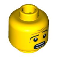 Tête de minifigurine personnage en combinaison de protection, sourcils, rides, Regard effrayé, bouche ouverte, motif : pupilles blanches [tenon creux bouché] (Minifig Head Hazmat Guy, Eyebrows, Wrinkles, Scared Look, Open Mouth, White Pupils Print [Blocked Open Stud])