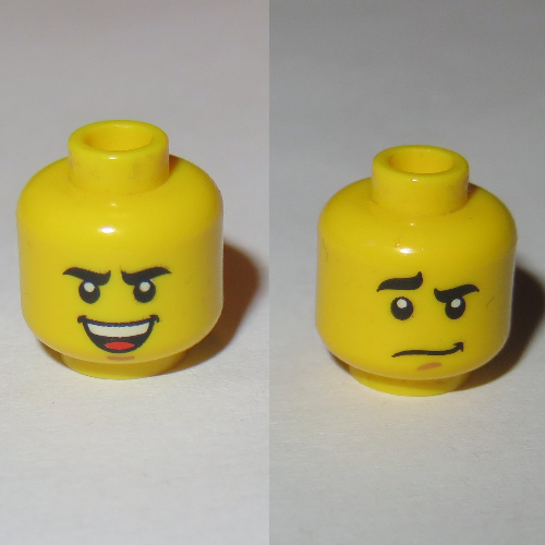 Tête de minifigurine Soldat, sourcils courbés, fossette mentonnière brune, motif imprimé riant / inquiet (Minifig Head Soldier, Curved Eyebrows, Brown Chin Dimple, Laughing / Worried Print)