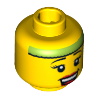 Instructeur de fitness tête figurine, cils, lèvres rouges, sourire ouvert et motif imprimé bandeau vert citron (Minifig Head Fitness Instructor, Eyelashes, Red Lips, Open Smile and Lime Headband Print)