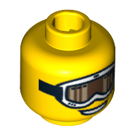 Tête de minifigurine snowboardeur, lunettes de ski blanc avec sangle et sourire ouvert motif imprimé [tenon creux bouché] (Minifig Head Snowboarder Guy, White Ski Goggles with Strap and Open Smile Print [Blocked Open Stud])