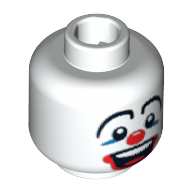 Tête de minifigurine Clown, grands sourcils dessinés, maquillage des yeux bleus, grand nez rouge et grand motif imprimé bouche rouge [tenon creux bouché] (Minifig Head Clown, Large Drawn Eyebrows, Blue Eye Make-up, Big Red Nose and Large Red Mouth Print [Blocked Open Stud])