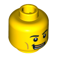Boxeur tête minifigurine, sourcils, pupilles blanches, sourire ouvert avec les dents de rangée supérieure d'or / œil noir, lèvres tordues et motif imprimé look triste (Minifig Head Boxer, Eyebrows, White Pupils, Open Smile with Gold Upper Row Teeth / Black Eye, Crooked Lips and Sad Look Print)