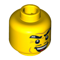 Gangster tête figurine, sourcils épais, moustache mince, fossettes de joue, et sinistre sourire ouvert motif imprimé (Minifig Head Gangster, Thick Eyebrows, Thin Moustache, Cheek Dimples, and Sinister Open Smile Print)