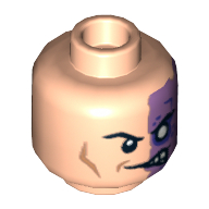 Tête de minifigurine Deux-Face (Harvey Dent), moitié normale, moitié violet avec cicatrice et aucun motif imprimé d'pupille (Minifig Head Two-Face (Harvey Dent), Half Normal, Half Purple with Scar and No Pupil Print)