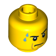 Tête de minifigurine, sourcils froncés, pupilles blanches, air renfrogné, gouttes de sueur imprimé (Minifig Head, Stern Eyebrows, White Pupils, Frown, Sweat Drops Print)