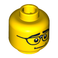 Tête de minifigurine Programmeur informatique, sourcils épais, lunettes réparées, motif imprimé sourire nerveux [Bloqué ouvert tenon] (Minifig Head Computer Programmer, Thick Eyebrows, Repaired Glasses, Nervous Smile Print [Blocked Open Stud])