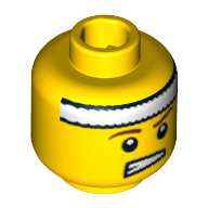 Tête de minifigurine tennis as, bandeau blanc, sourcils bruns, bouche ouverte sourire motif imprimé [tenon creux bouché] (Minifig Head Tennis Ace, Headband White, Brown Eyebrows, Open Mouth Smirk Print [Blocked Open Stud])