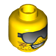 Tête de minifigurine frank rock, double visage, lunettes de soleil, barbe naissante, rayures, grand sourire / sourcils noirs, pupilles blanches, motif imprimé déterminé [tenon creux bouché] (Minifig Head Frank Rock, Dual Sided, Sunglasses, Stubble, Scratches, Grin / Black Eyebrows, White Pupils, Determined Print [Blocked Open Stud])