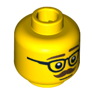 Tête de minifigurine d'entreprise, motif : lunettes avec sourcils épais brun foncé et moustache [tenon creux bouché] (Minifig Head Businessman, Glasses with Dark Brown Thick Eyebrows and Moustache Print [Blocked Open Stud])