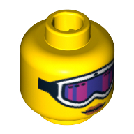 Tête de minifigurine ski alpin, lunettes de ski blanc avec verre rose et violet, sangle et lèvres rouges motif imprimé [tenon creux bouché] (Minifig Head Downhill Skier, White Ski Goggles with Pink and Purple Glass, Strap and Red Lips Print [Blocked Open Stud])
