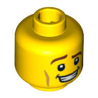 Tête de minifigurine Chevalier héroïque, sourcils bruns, sourcil droit surélevé, traits sur les joues, bouche ouverte sourire avec motif imprimé de dents (Minifig Head Heroic Knight, Brown Eyebrows, Raised Right Eyebrow, Cheek Lines, Open Mouth Smile with Teeth Print)