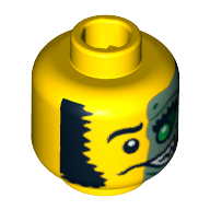 Tête de minifigurine mr. bien et le mal, moitié sable vert avec le sourire vert ouvert motif imprimé [tenons ouvert bloqué] (Minifig Head Mr. Good and Evil, Half Sand Green with Green Eye Open Grin Print [Blocked Open Stud])