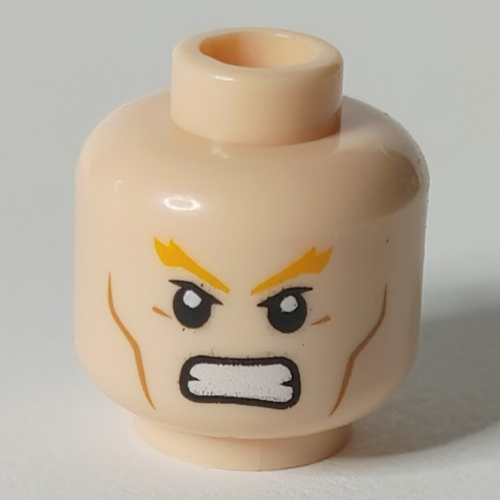 Tête de minifigurine Aquaman, sourcils épais orange, traits sur les joues, motif : air renfrogné / en colère (Minifig Head Aquaman, Thick Orange Eyebrows, Cheek Lines, Frown / Angry Print)