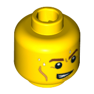 Tête de minifigurine d'équipe gb, sourcils bruns, traits sur les joues, bouche ouverte sur un côté et gouttes de sueur motif imprimé [tenon creux bouché] (Minifig Head Team GB, Brown Eyebrows, Cheek Lines, Open Mouth on One Side and Drops of Sweat Print [Blocked Open Stud])