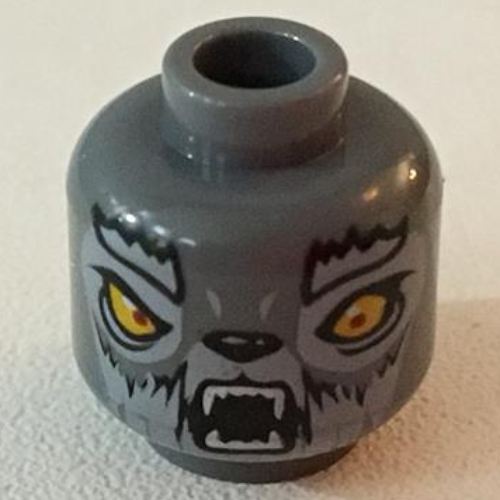 Tête de minifigurine wakz, double face, loup aux yeux jaunes, fourrure, sourcils, crocs, bouche fermée / bouche ouverte motif imprimé [tenon creux bouché] (Minifig Head Wakz, Dual Sided, Wolf with Yellow Eyes, Fur, Eyebrows, Fangs, Closed Mouth / Open Mouth Print [Blocked Open Stud])