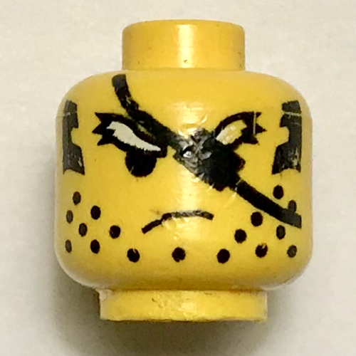 Tête de minifigurine ninja, sourcils blancs débraillés et motif imprimé cache-œil [tenon creux bouché] (Minifig Head Ninja, Scruffy White Eyebrows and Eyepatch Print [Blocked Open Stud])
