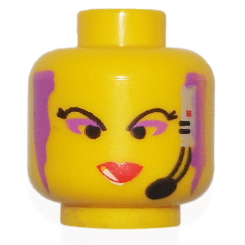 Tête de minifigurine Radia, lèvres rouges, motif : cheveux pourpre et micro-casque (Minifig Head Radia, Red Lips, Purple Hair and Headset Print)
