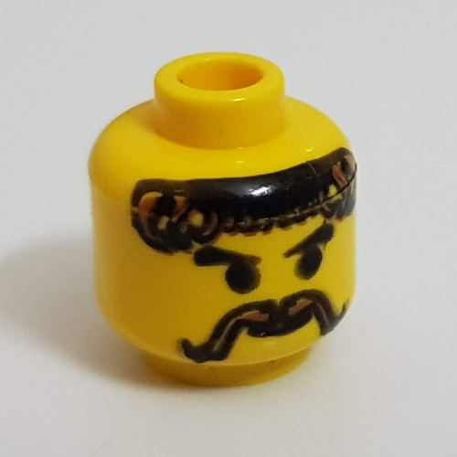 Tête de minifigurine de chevalier / forgeron, moustache et cheveux bruns bouclés motif imprimé [tenon creux bouché] (Minifig Head Knight / Blacksmith, Moustache and Curly Brown Hair Print [Blocked Open Stud])