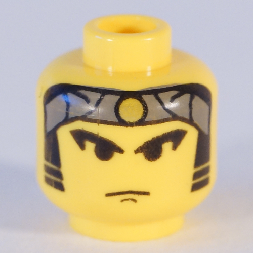 Ninja tête minifigurine, bandana gris mâle avec point d'or, sourcils, favoris motif imprimé [tenon creux bouché] (Minifig Head Ninja, Male Gray Bandana with Gold Dot, Eyebrows, Sideburns Print [Blocked Open Stud])