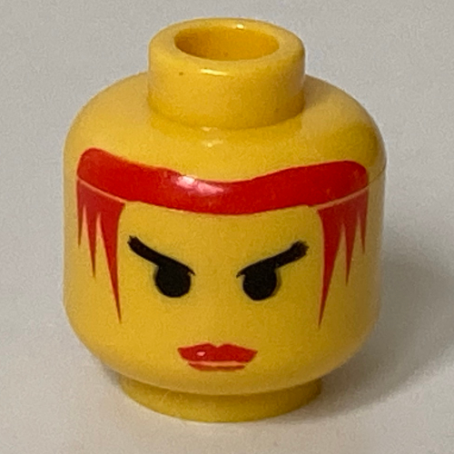 Tête de minifigurine princesse tempête, lèvres rouges et cheveux rouges, les sourcils noirs en colère motif imprimé (Minifig Head Princess Storm, Red Lips and Red Hair, Angry Black Eyebrows Print)