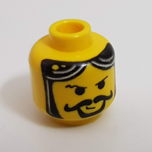 Tête de minifigurine chevalier, moustache bouclée, rayures grises dans le motif imprimé de cheveux [tenon creux bouché] (Minifig Head Knight, Moustache Curly, Gray Streaks in Hair Print [Blocked Open Stud])