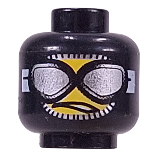 Tête de minifigurine, cagoule avec des lunettes d'argent, courbé partiellement ouvert bouche motif imprimé (Minifig Head, Balaclava with Silver Goggles, Downturned Partly Opened Mouth Print)