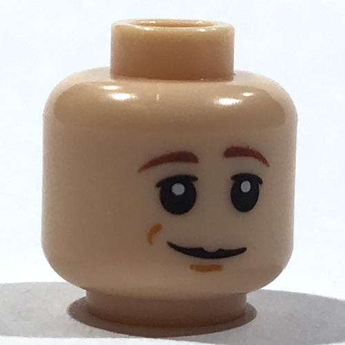 Tête de minifigurine Han Solo, sourcils bruns, pupilles blanches, fossette du menton, motif imprimé sourire déséquilibré (Minifig Head Han Solo, Brown Eyebrows, White Pupils, Chin Dimple, Lopsided Grin Print)