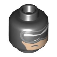 Tête de minifigurine Batman, cagoule, masque noir et blanc avec bord argenté et crochu, échancrure décentrée sur motif de visage coloré nougat - tenon encastré (Minifig Head Batman, Balaclava, Black and White Mask with Silver Edge and Crooked, Off-Center Scowl on Nougat Colored Face Pattern - Stud Recessed)