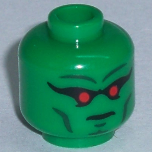 Tête de minifigurine martienne manhunter, yeux rouges, motif : sourcils gris bleuté foncé [tenon creux] (Minifig Head Martian Manhunter, Red Eyes, Dark Bluish Gray Eyebrows Print [Hollow Stud])