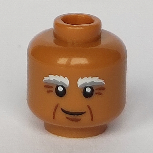 Tête de minifigurine Vitruvius, sourcils blancs et gris broussailleux, pieds de corbeau et motif imprimé sourire tordu [tenon creux] (Minifig Head Vitruvius, Bushy White and Gray Eyebrows, Crow's Feet and Crooked Smile Print [Hollow Stud])