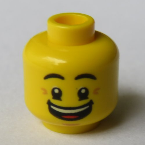Tête de minifigurine ronny, sourcils, pattes d'oie, bouche ouverte sourire avec coins / visage mal à l'aise avec motif imprimé de goutte de sueur (Minifig Head Ronny, Eyebrows, Crow's Feet, Open Mouth Smile with Corners / Queasy Face with Sweat Drop Print)