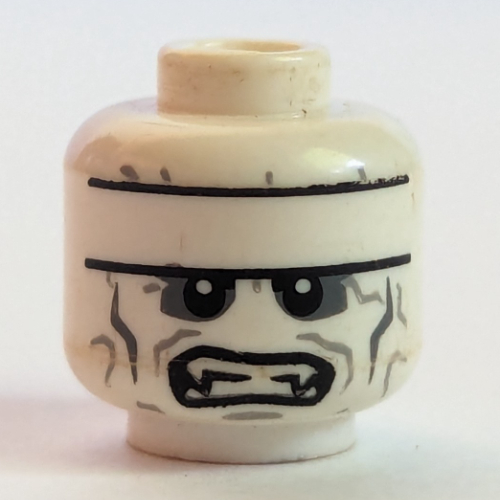Tête de minifigurine batzarro, bande sur le avant, gris foncé autour des yeux, dents avec crocs, bouche fermée / ouverte motif imprimé (Minifig Head Batzarro, Stripe on Forehead, Dark Gray around Eyes, Teeth with Fangs, Clenched / Open Mouth Print)