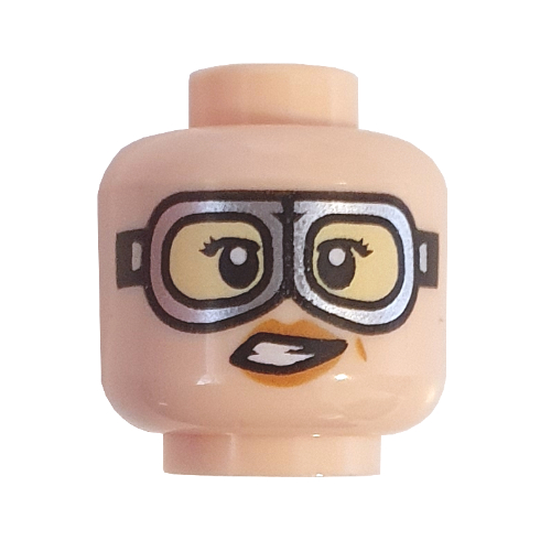 Tête de minifigurine Jillian Holtzmann, sourcils beige foncé, Sourire / Argent Lunettes motif imprimé (Minifig Head Jillian Holtzmann, Dark Tan Eyebrows, Smile / Silver Goggles Print)